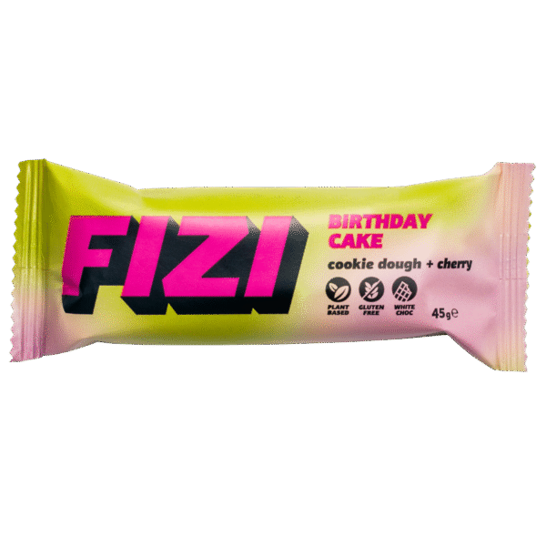 Batonėlis su balto šokolado glazūra “COOKIE DOUGH + CHERRY”, be pridėtinio cukraus | Fizi (45 g)