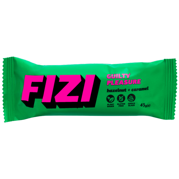 Batonėlis su šokolado glazūra “HAZELNUT + CARAMEL”, be pridėtinio cukraus | Fizi (45 g)