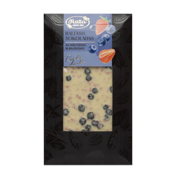 Baltasis šokoladas su mėlynėmis ir braškėmis, 100 g