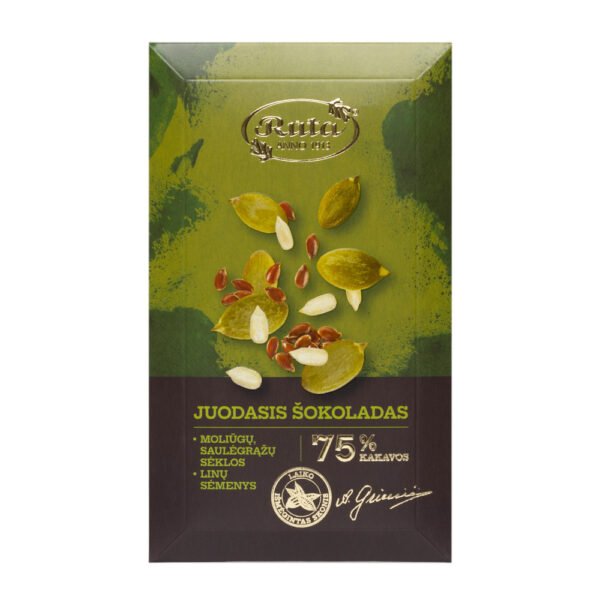 Juodasis šokoladas (75 %) su sėklomis (moliūgų ir saulėgrąžų sėklos, linų sėmenys), 90 g