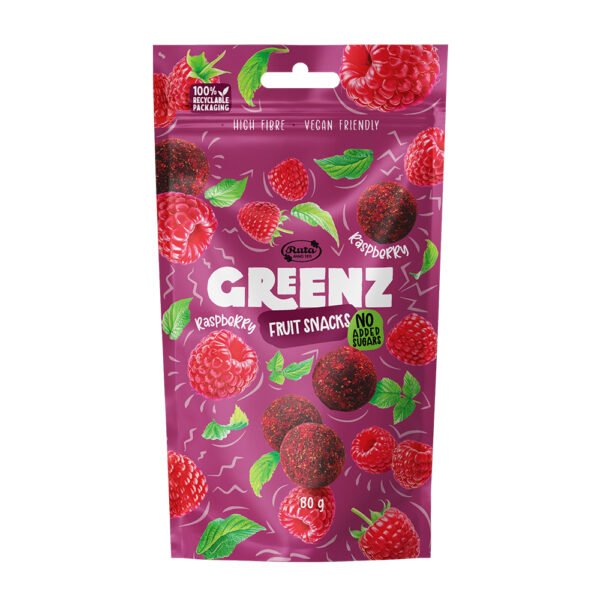 Vaisių užkandžiai su avietėmis „Greenz raspberry“, 80 g