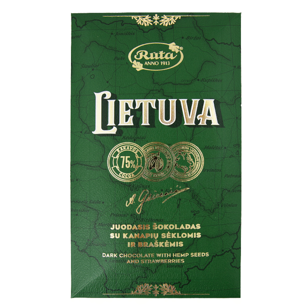 Juodasis šokoladas (75 %) su kanapių sėklomis ir braškėmis „Lietuva“, 90 g